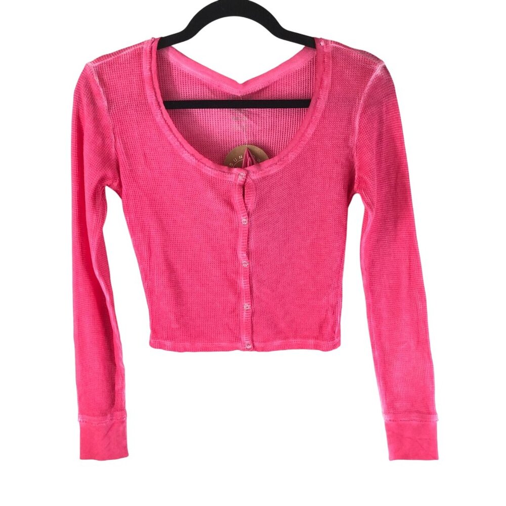 Sundown by Splendid Womens Crop Top Thermal Waffle Knit Henley Pink Scrunchie M